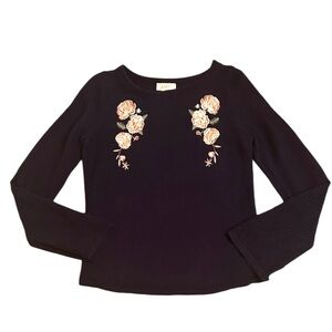 LOFT OUTLET Embroidered Floral Blue LongSleeve Top Women’s Size Small